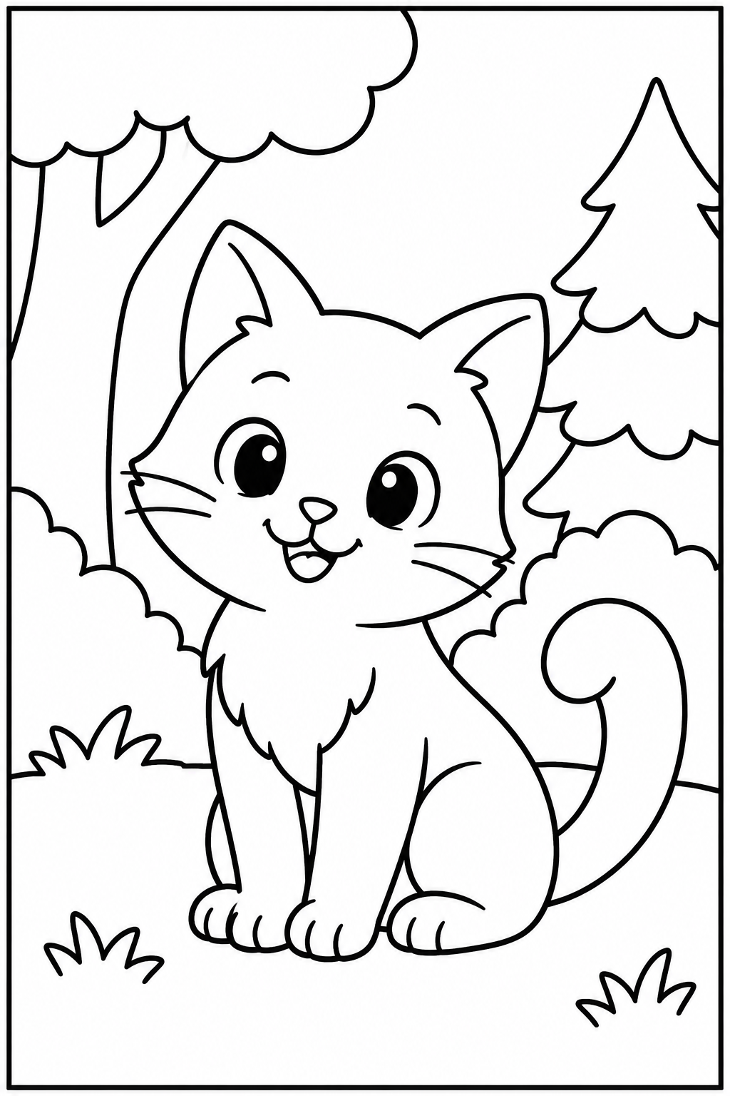 Cat in the forest — Large shapes — printable coloring page