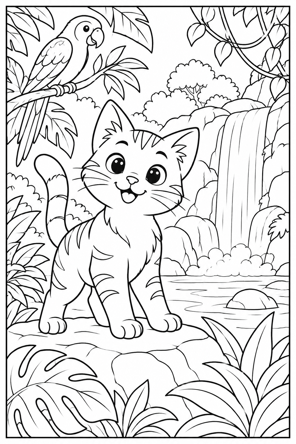Cat in the jungle — More details — printable coloring page