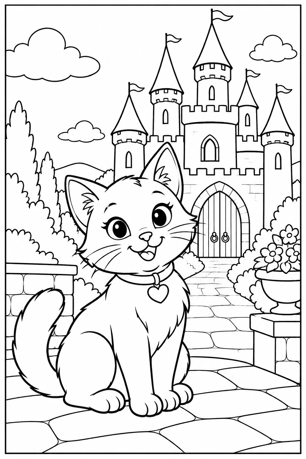 Cat by a castle — More details — printable coloring page