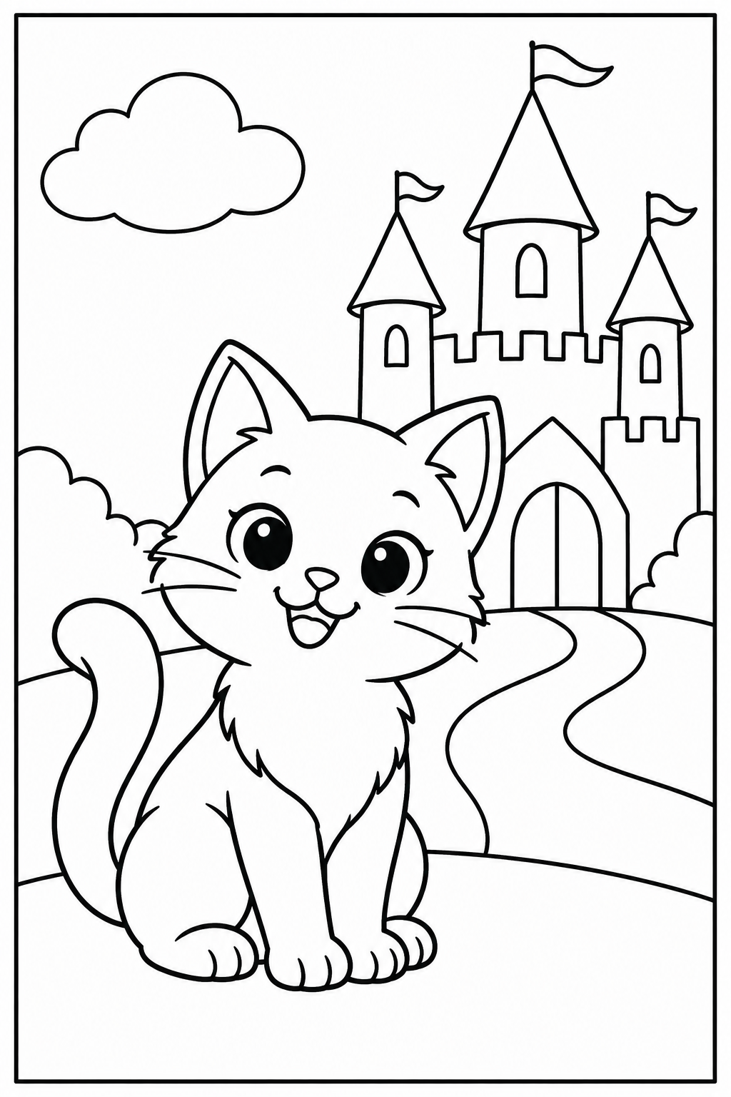 Cat by a castle — Large shapes — printable coloring page