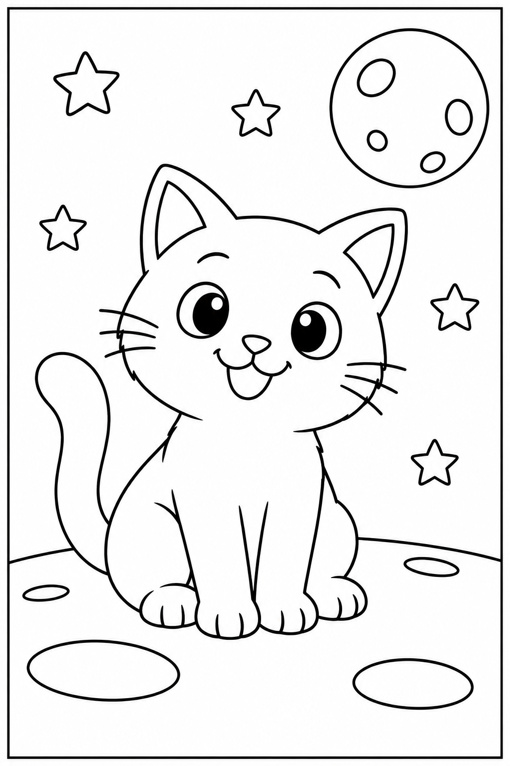 Cat on the moon — Large shapes — printable coloring page