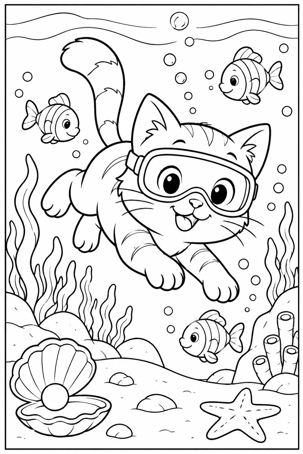 Cat under the sea — More details — printable coloring page