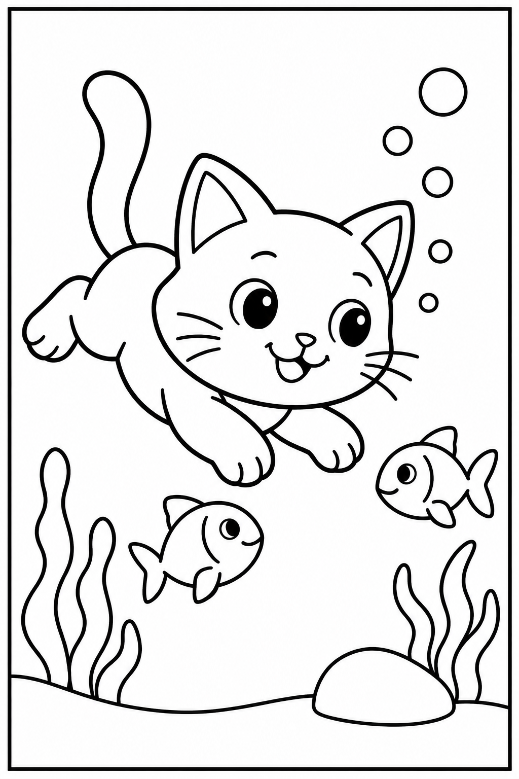 Cat under the sea — Large shapes — printable coloring page