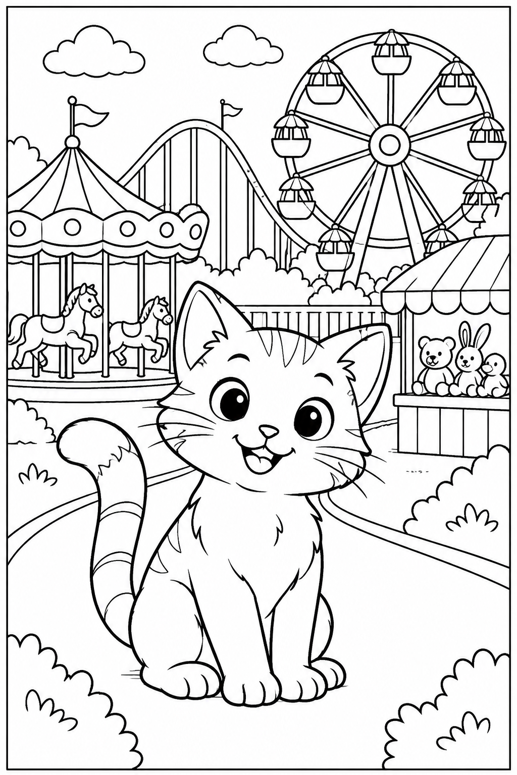 Cat at the amusement park — More details — printable coloring page