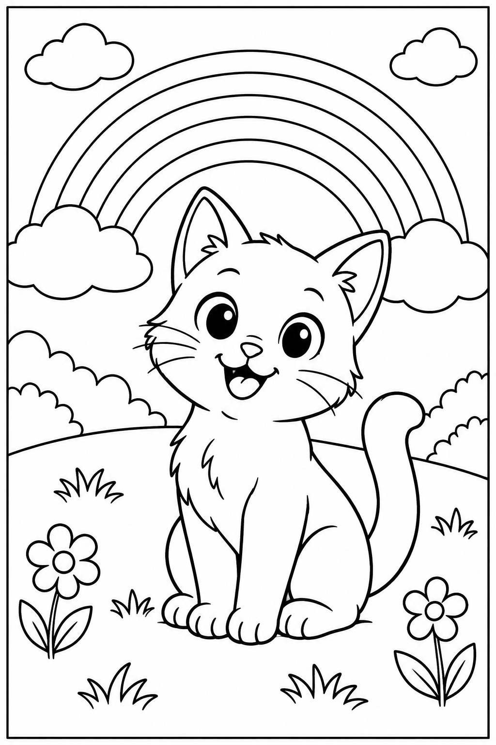 Cat under a rainbow — More details — printable coloring page