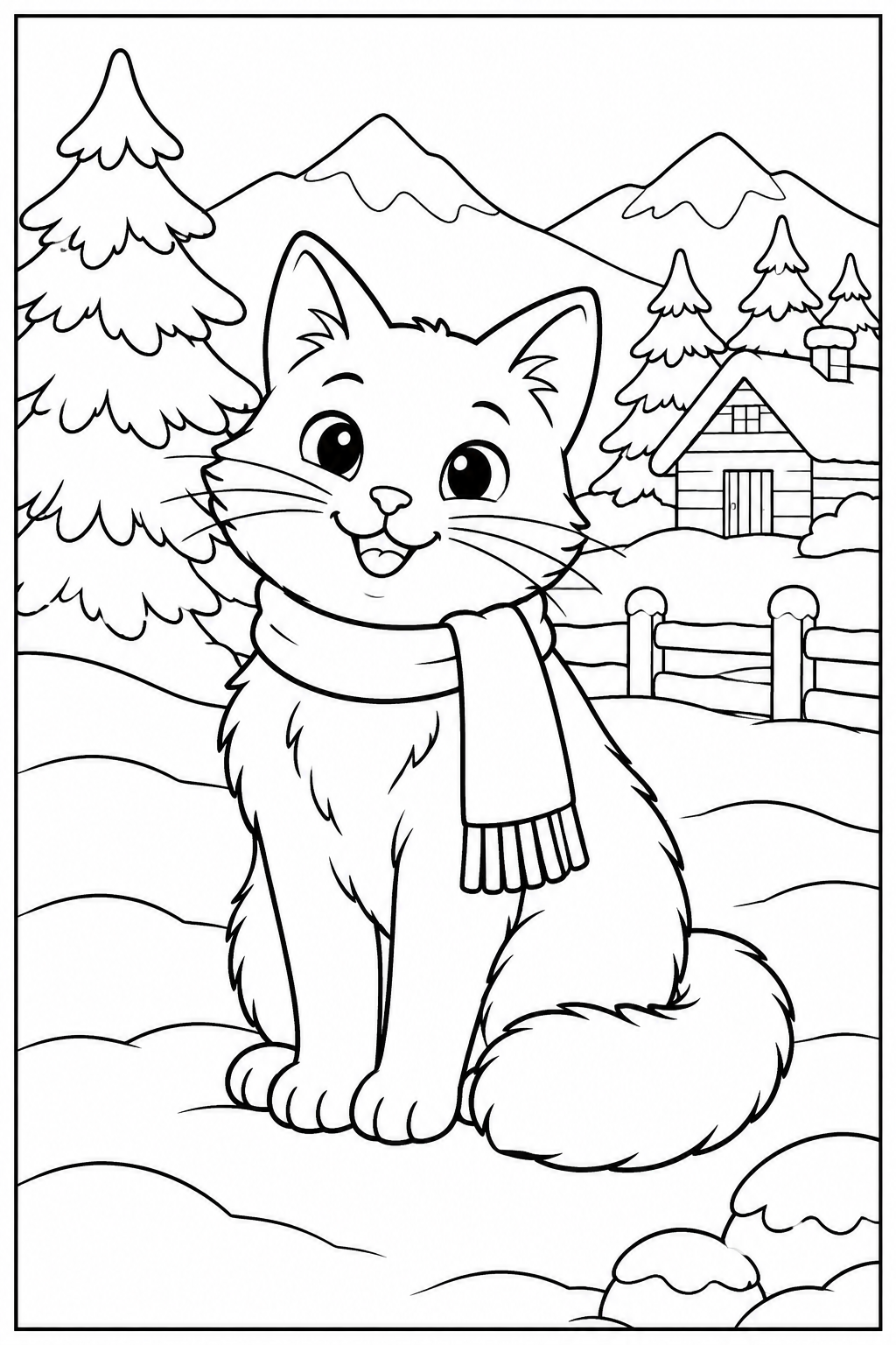 Cat in the snow — More details — printable coloring page