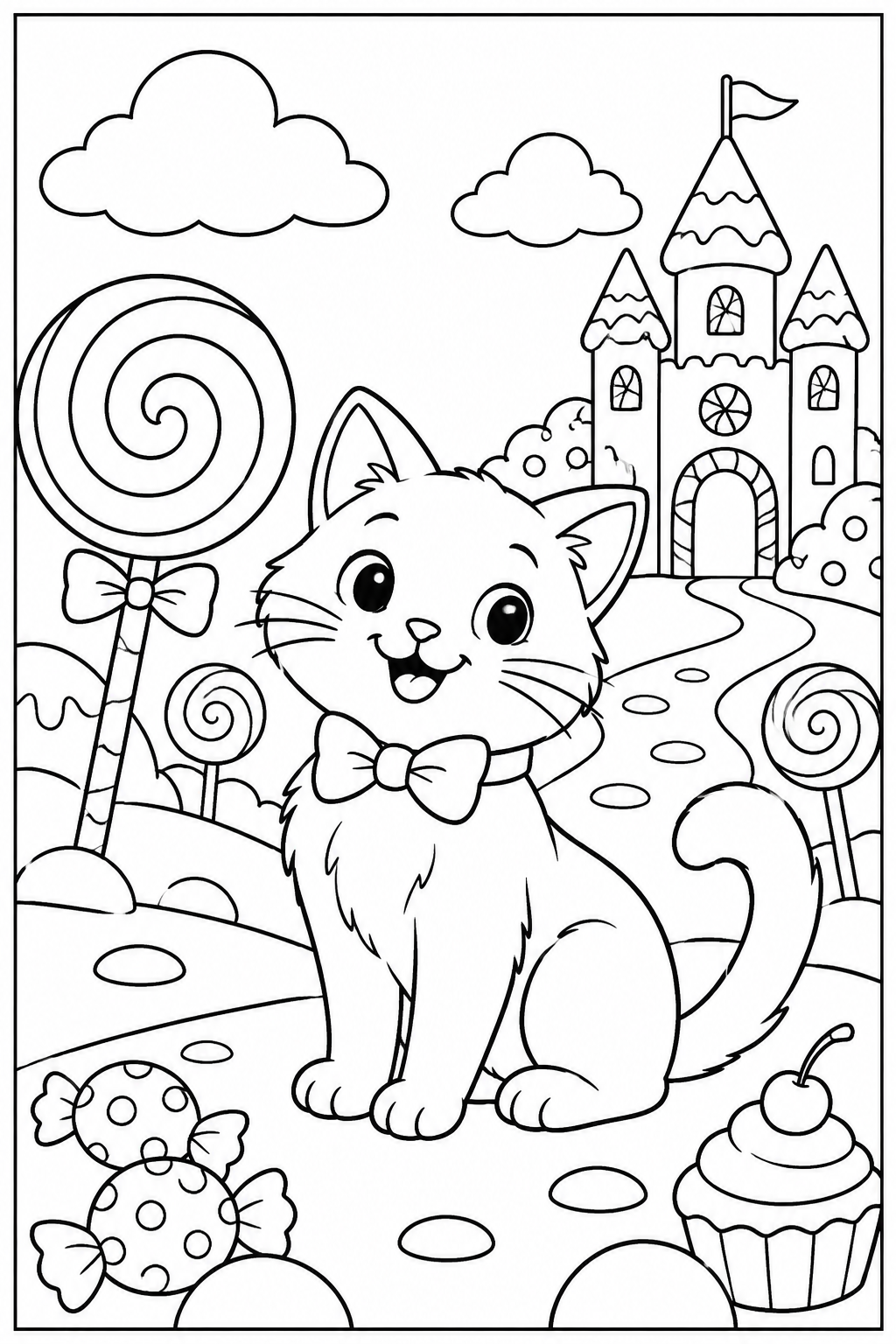 Cat in candy land — More details — printable coloring page