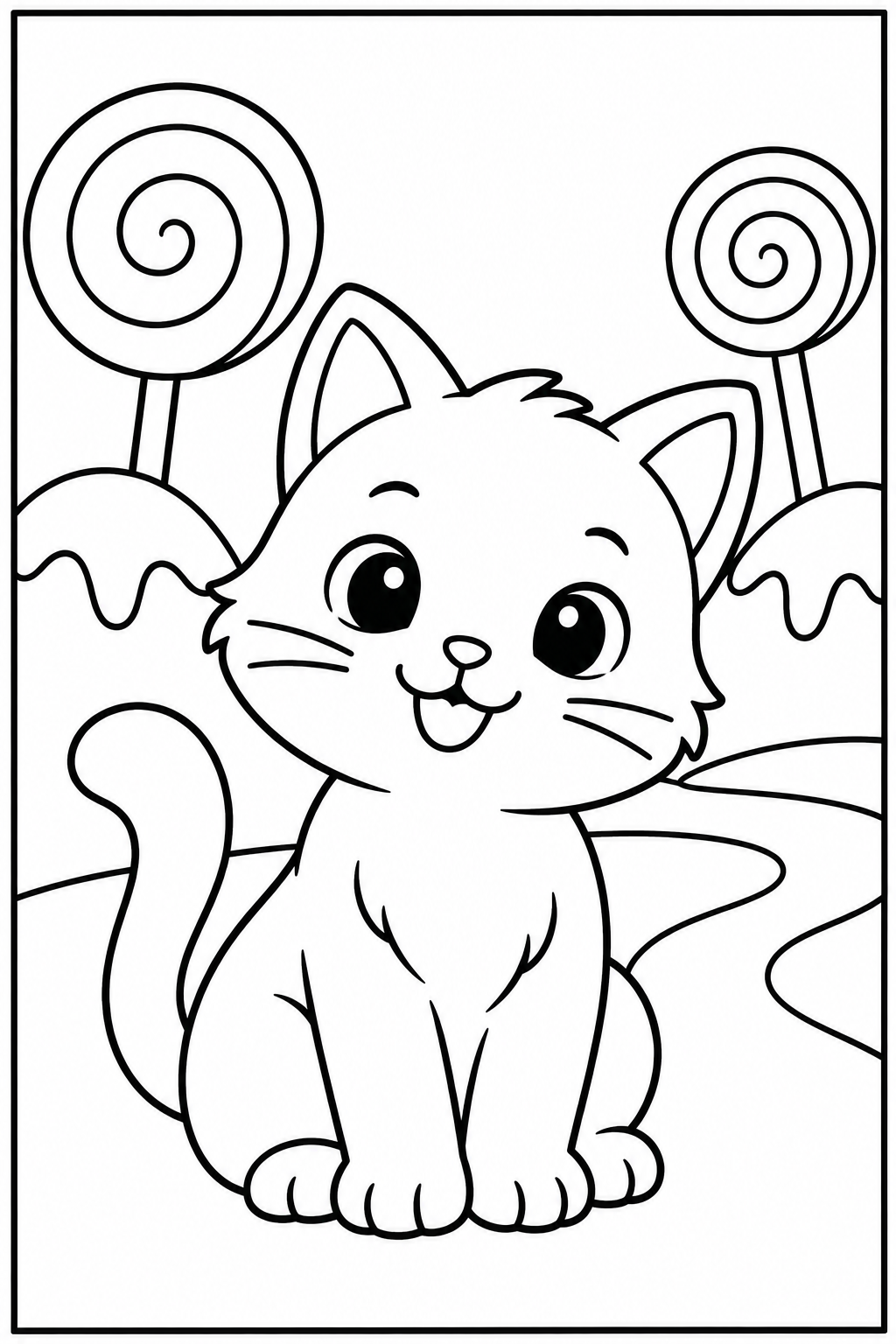 Cat in candy land — Large shapes — printable coloring page