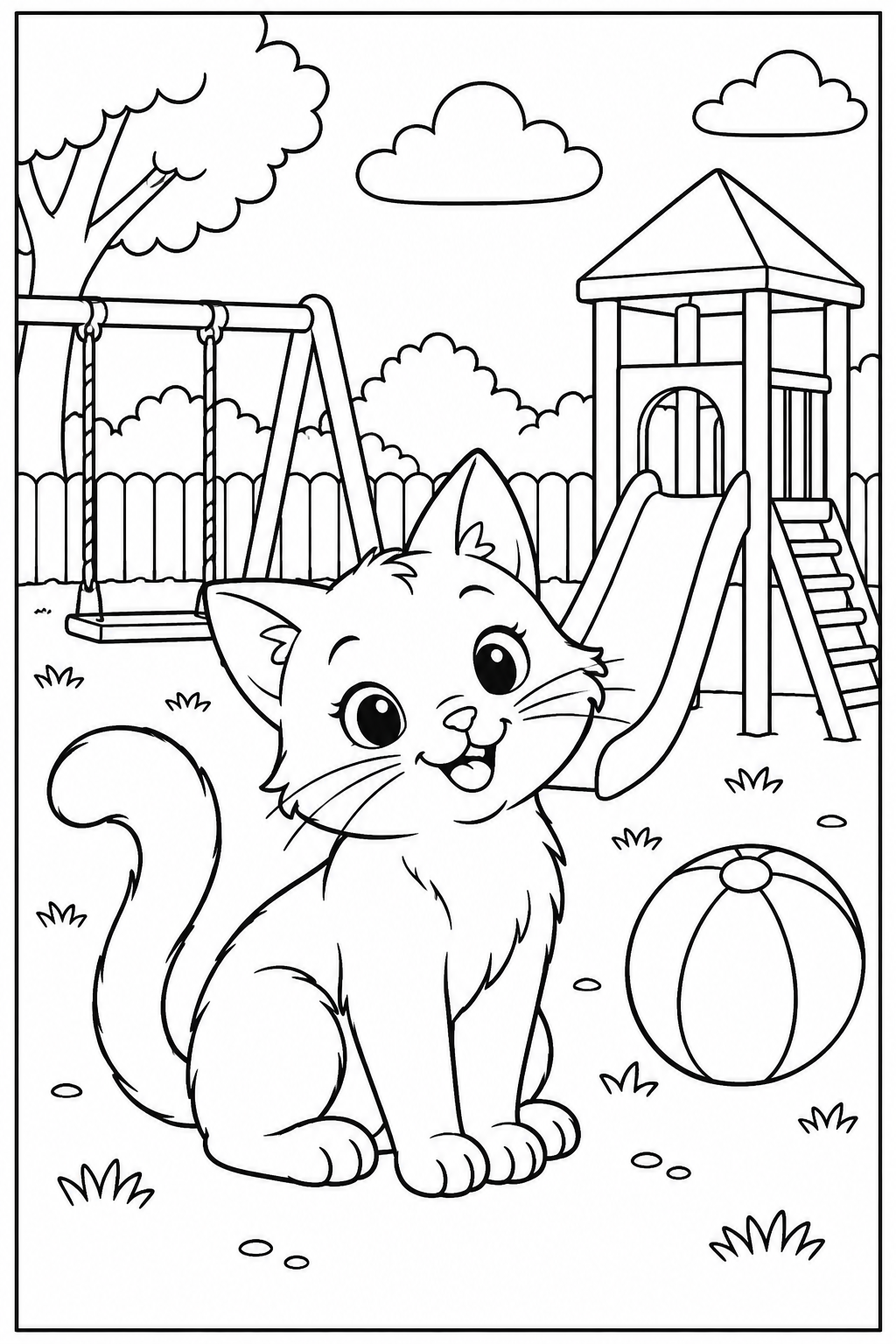 Cat at the playground — More details — printable coloring page