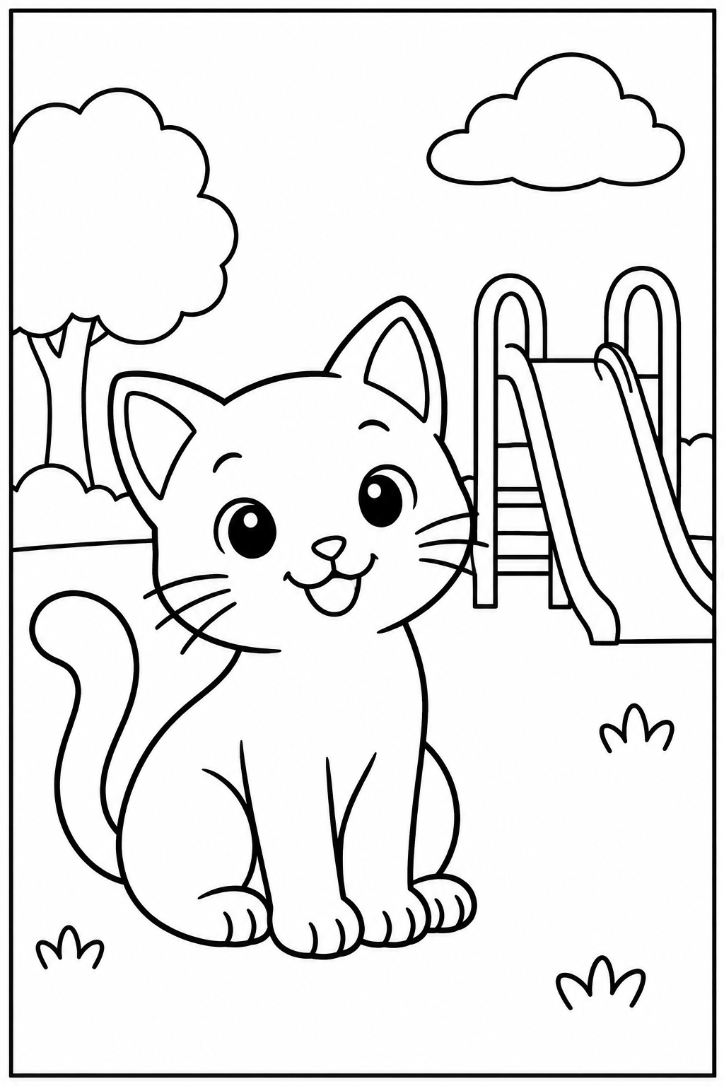 Cat at the playground — Large shapes — printable coloring page