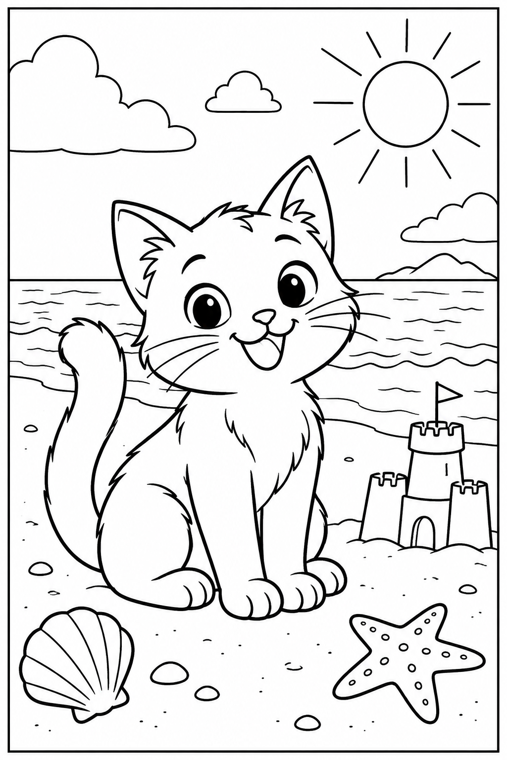 Cat at the beach — More details — printable coloring page