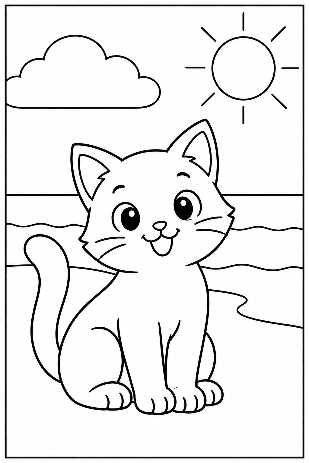 Cat at the beach — Large shapes — printable coloring page