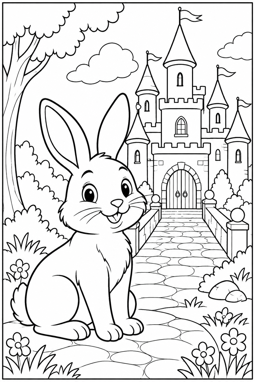 Rabbit by a castle — More details — printable coloring page