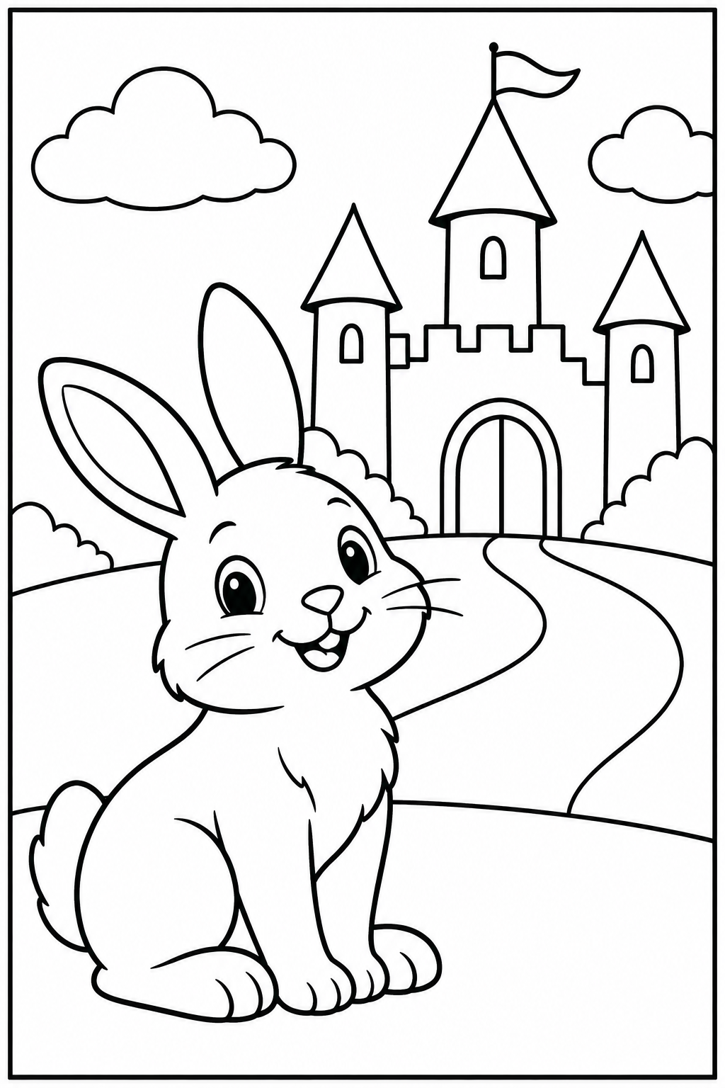 Rabbit by a castle — Large shapes — printable coloring page