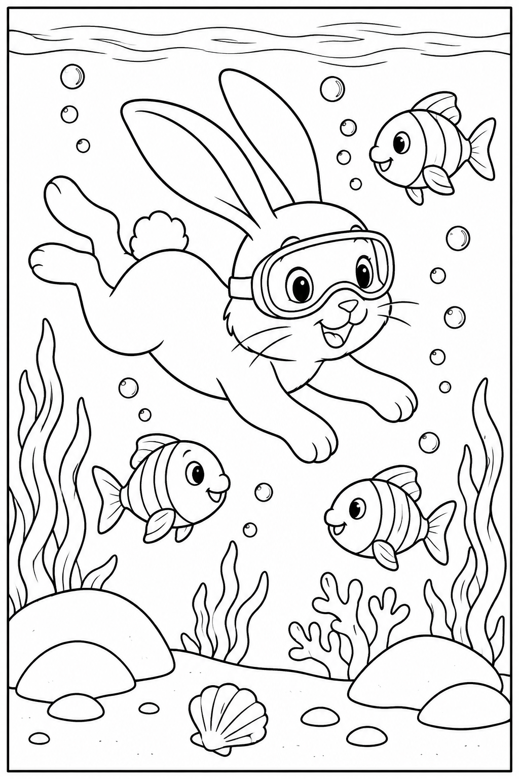 Rabbit under the sea — More details — printable coloring page