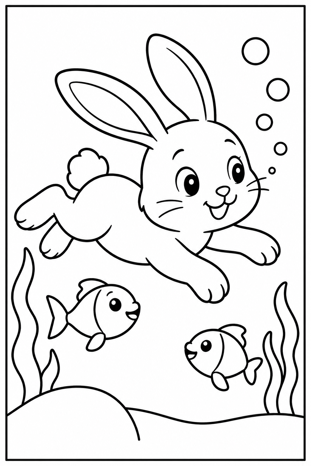 Rabbit under the sea — Large shapes — printable coloring page