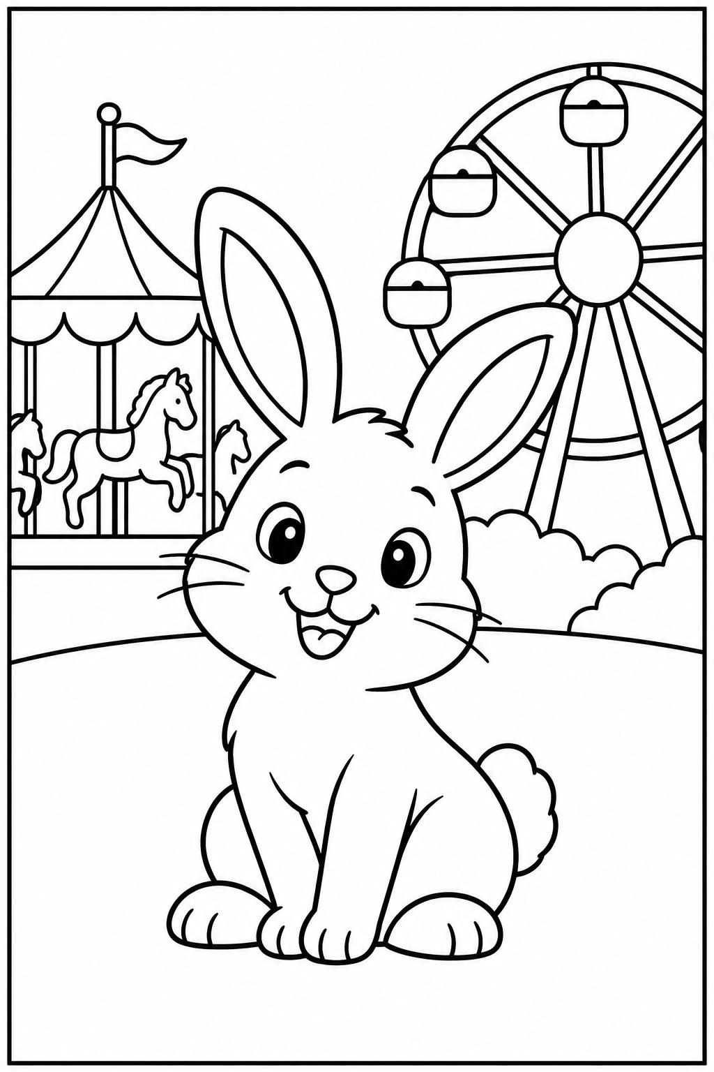 Rabbit at the amusement park — More details — printable coloring page