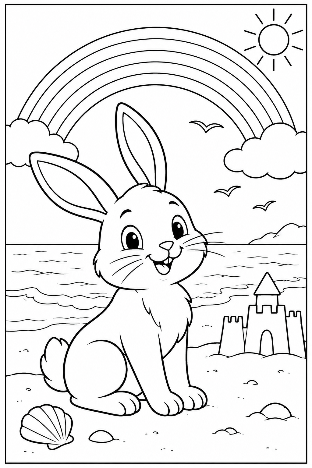 Rabbit under a rainbow — More details — printable coloring page