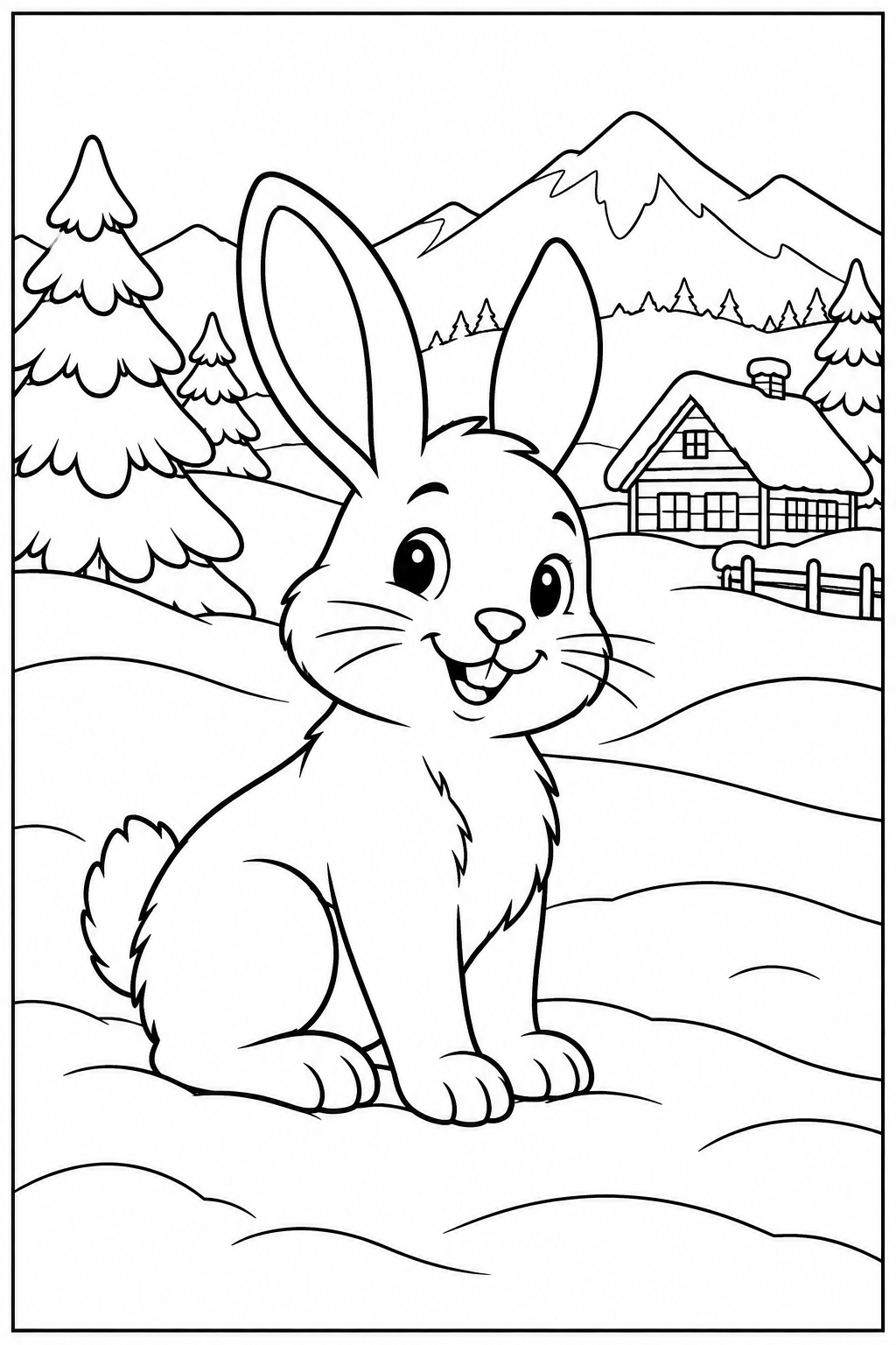 Rabbit in the snow — More details — printable coloring page