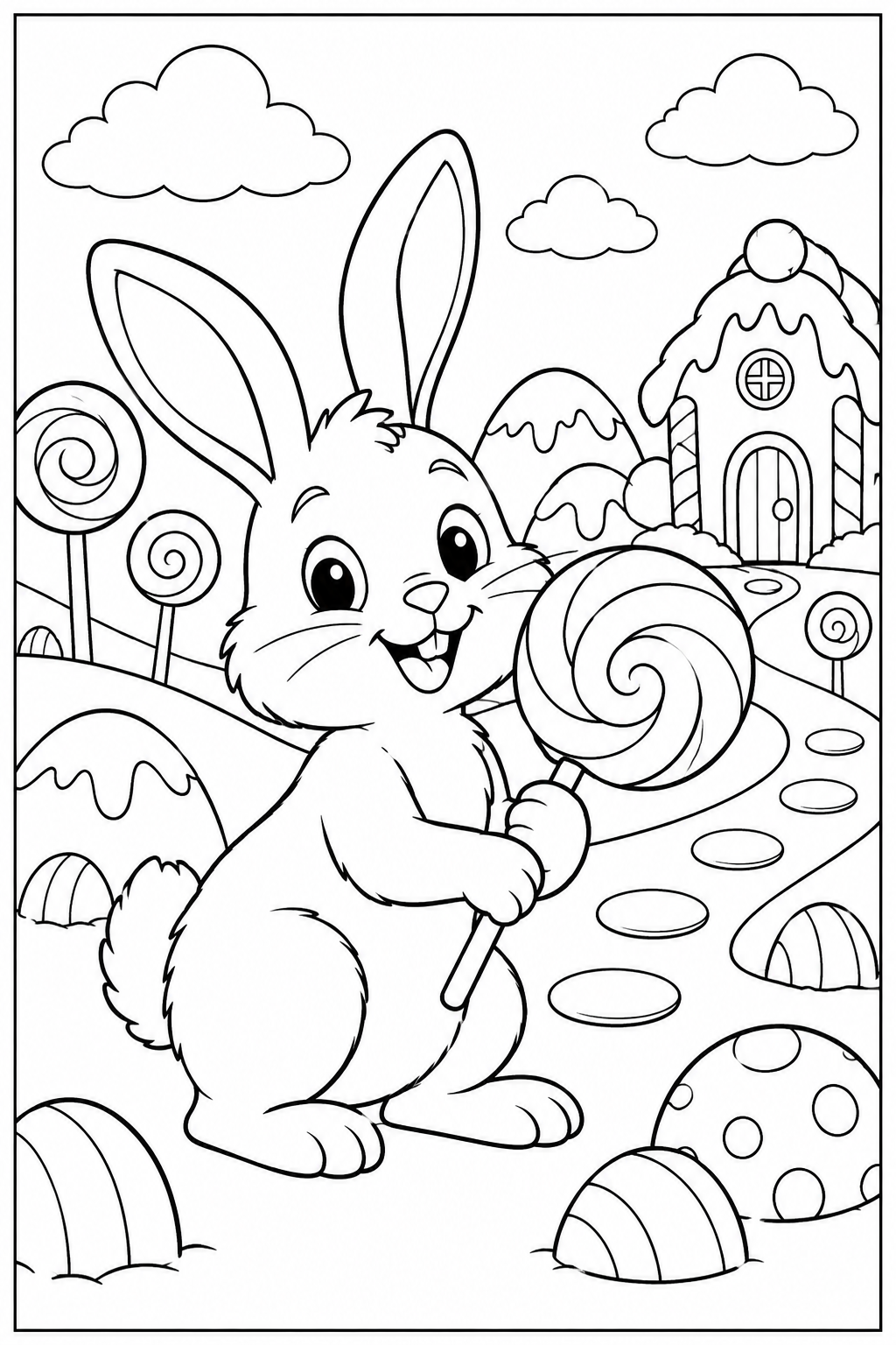 Rabbit in candy land — More details — printable coloring page