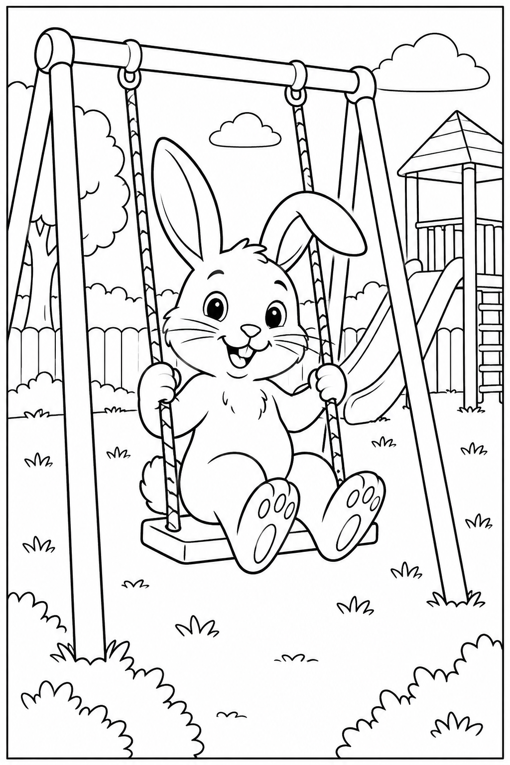 Rabbit at the playground — More details — printable coloring page