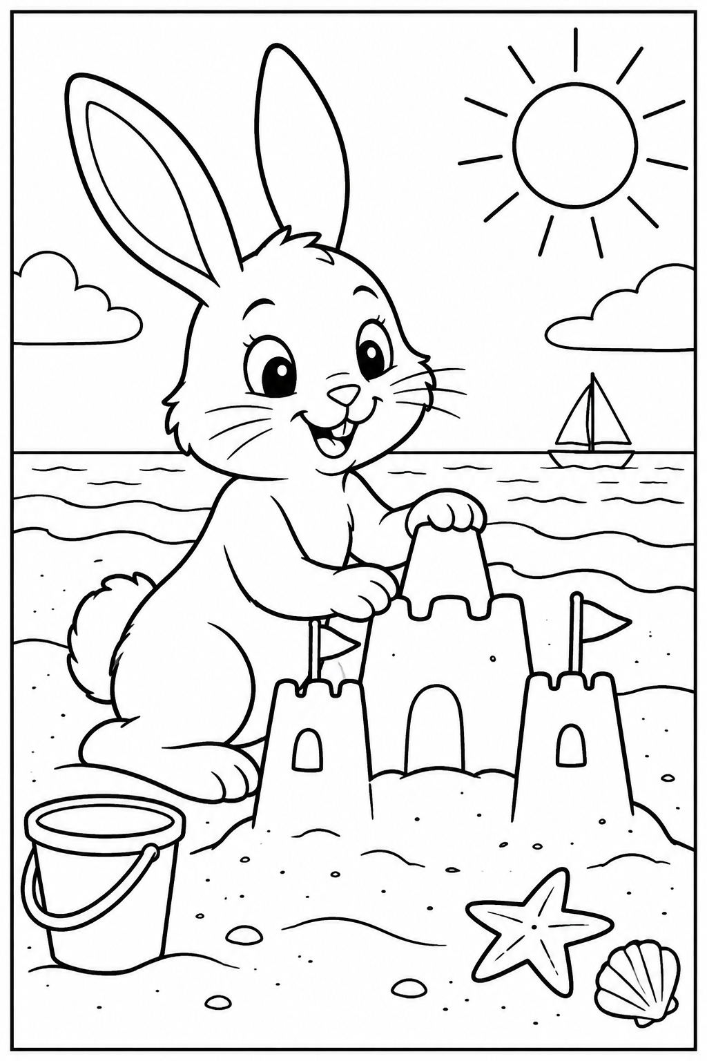 Rabbit at the beach — More details — printable coloring page