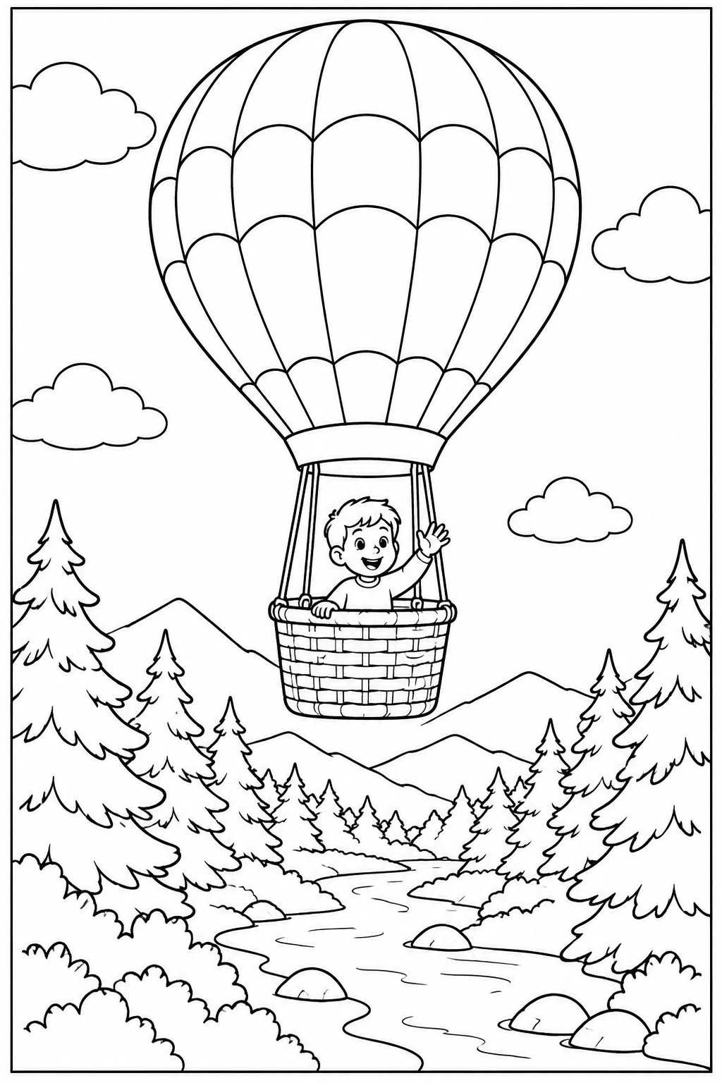 Hot air balloon in the forest — More details — printable coloring page
