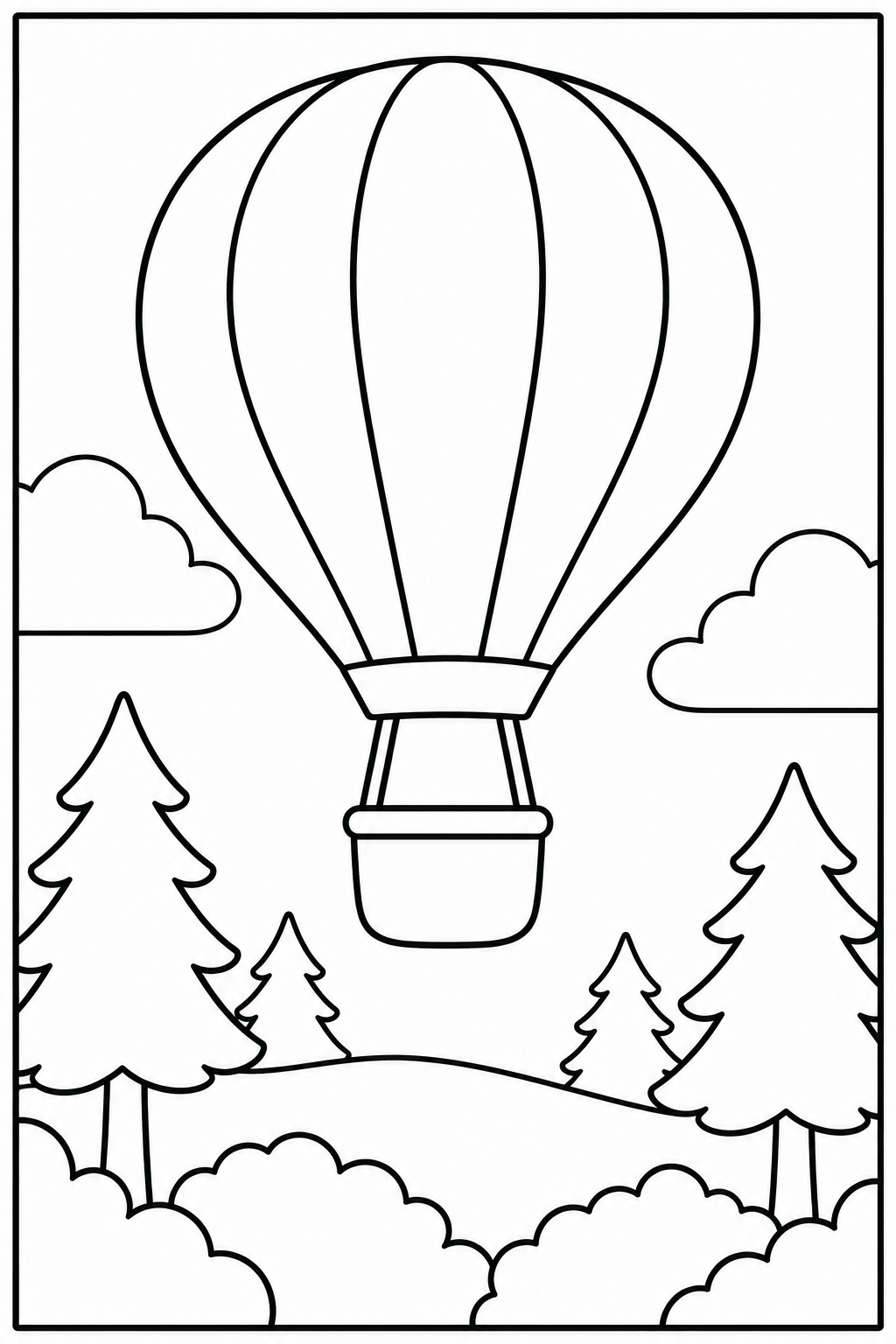 Hot air balloon in the forest — Large shapes — printable coloring page