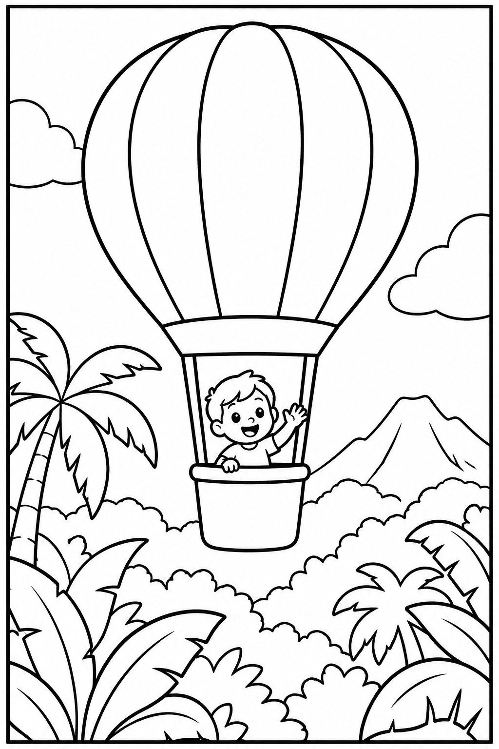 Hot air balloon in the jungle — More details — printable coloring page
