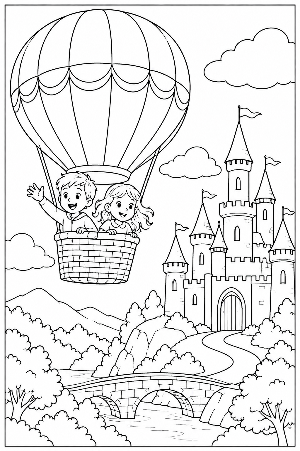 Hot air balloon by a castle — More details — printable coloring page