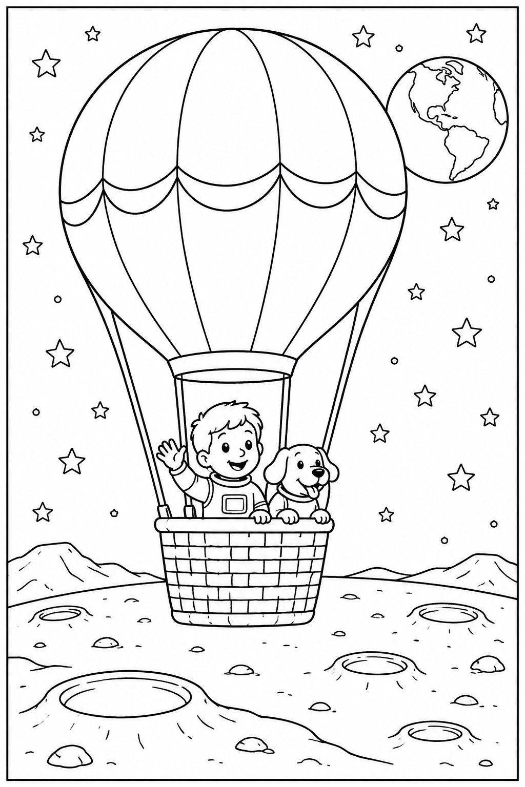 Hot air balloon on the moon — More details — printable coloring page