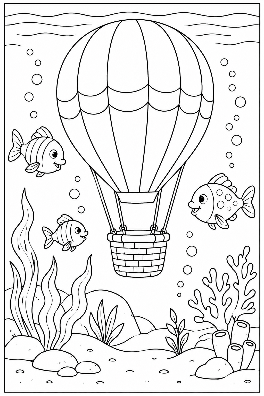 Hot air balloon under the sea — More details — printable coloring page