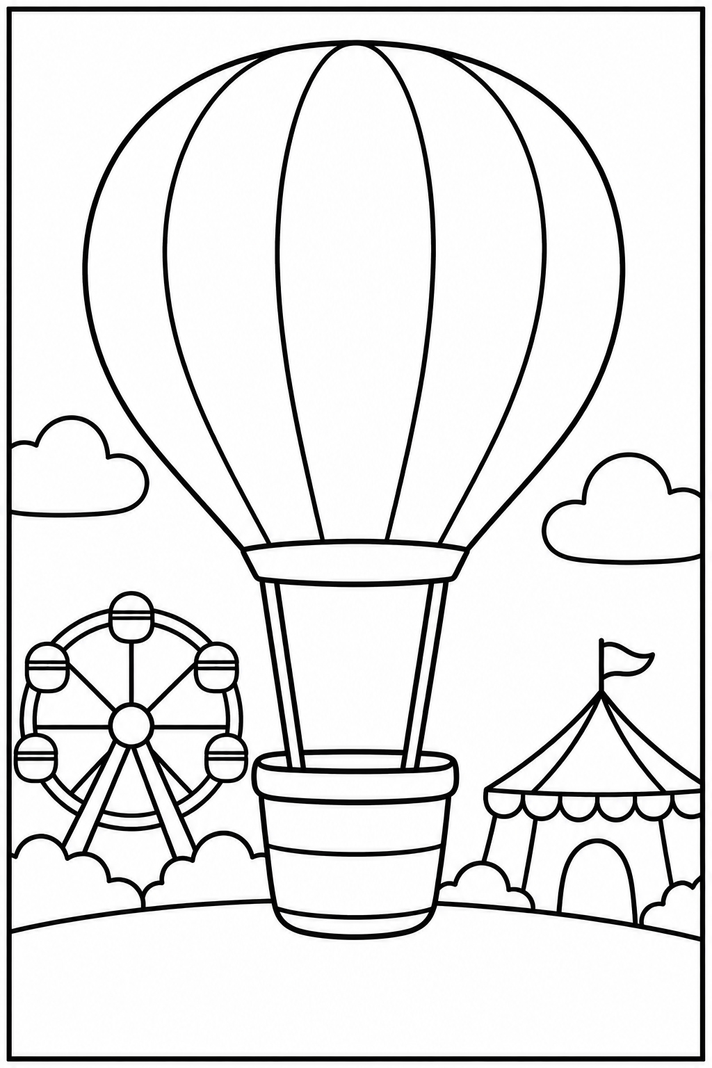 Hot air balloon at the amusement park — More details — printable coloring page
