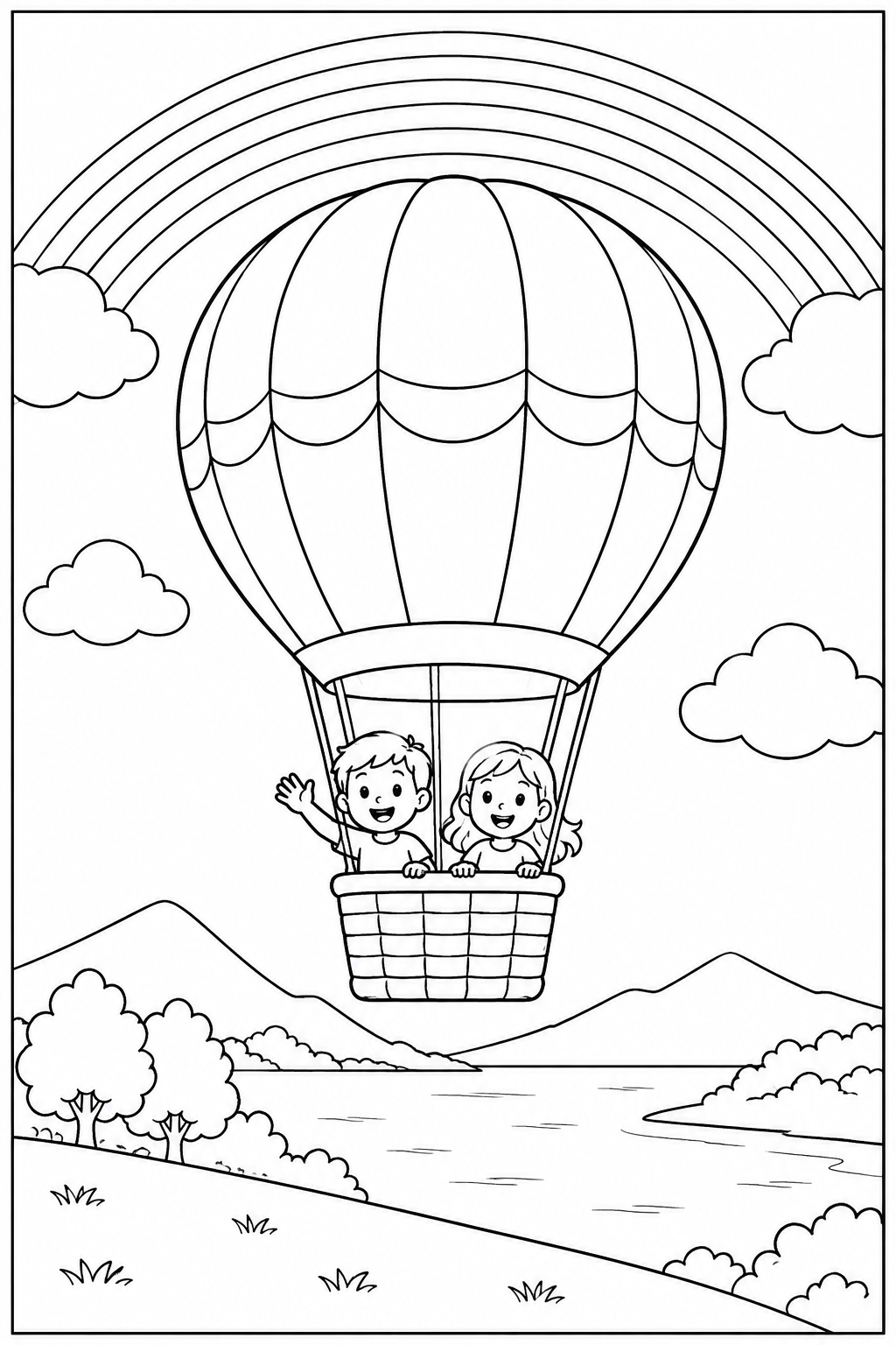Hot air balloon under a rainbow — More details — printable coloring page