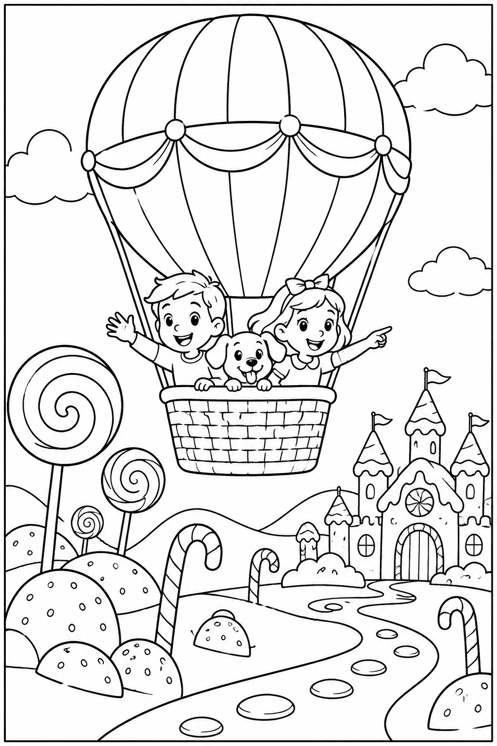 Hot air balloon in candy land — More details — printable coloring page