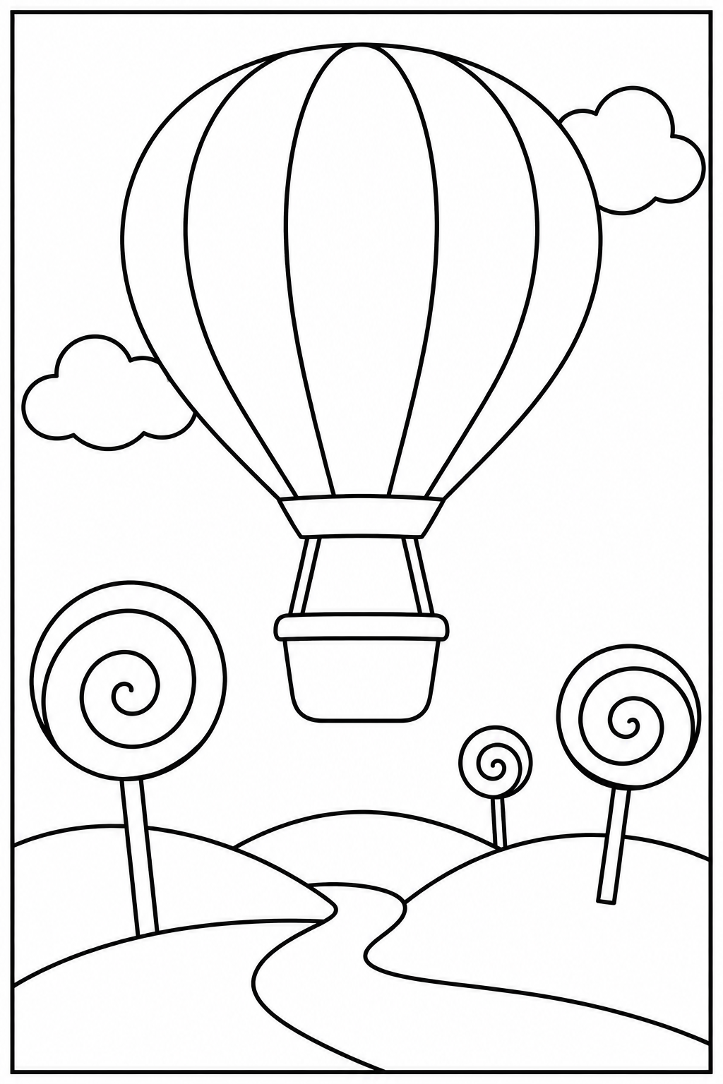 Hot air balloon in candy land — Large shapes — printable coloring page