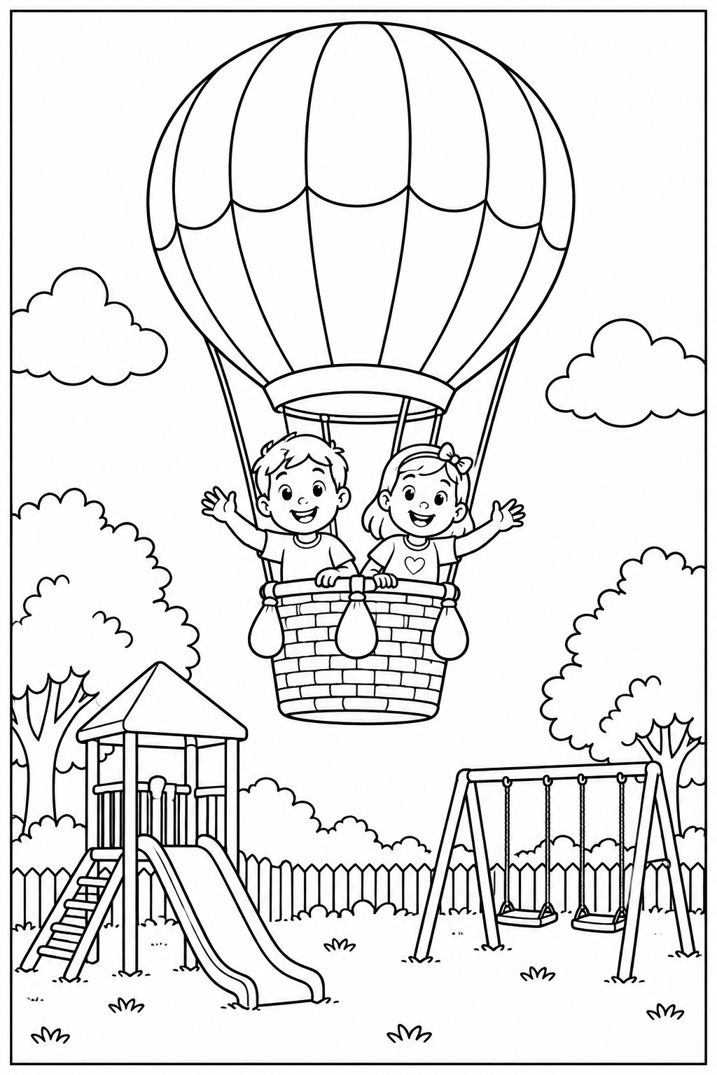 Hot air balloon at the playground — More details — printable coloring page