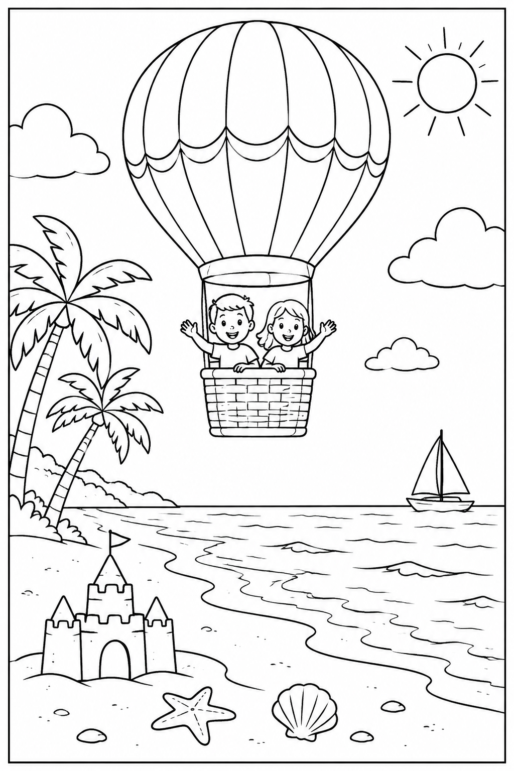 Hot air balloon at the beach — More details — printable coloring page