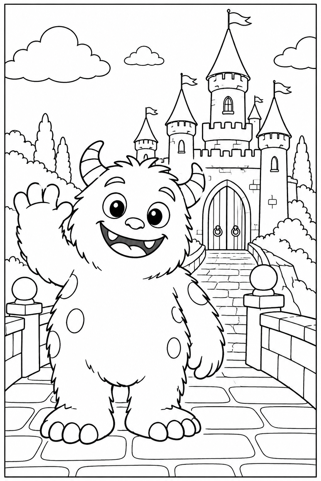 Monster by a castle — More details — printable coloring page