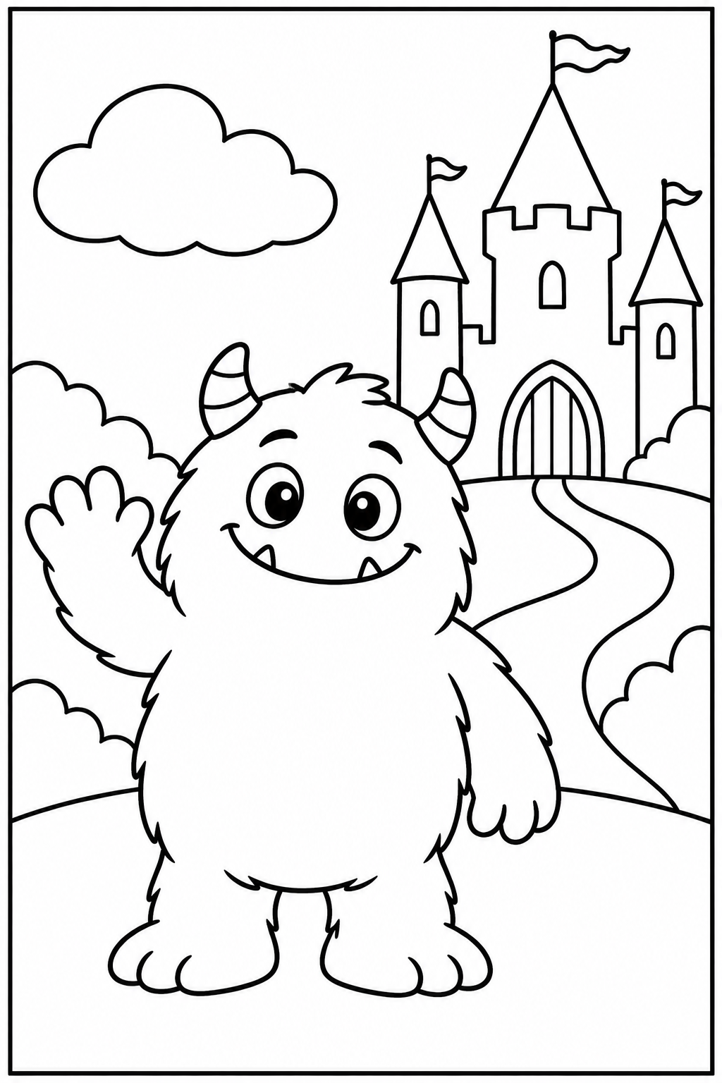 Monster by a castle — Large shapes — printable coloring page