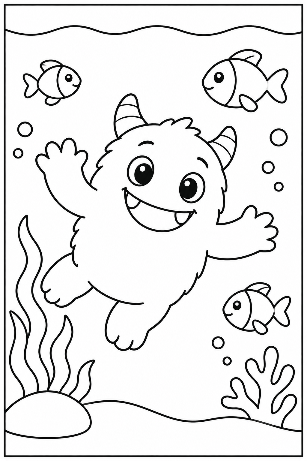 Monster under the sea — Large shapes — printable coloring page