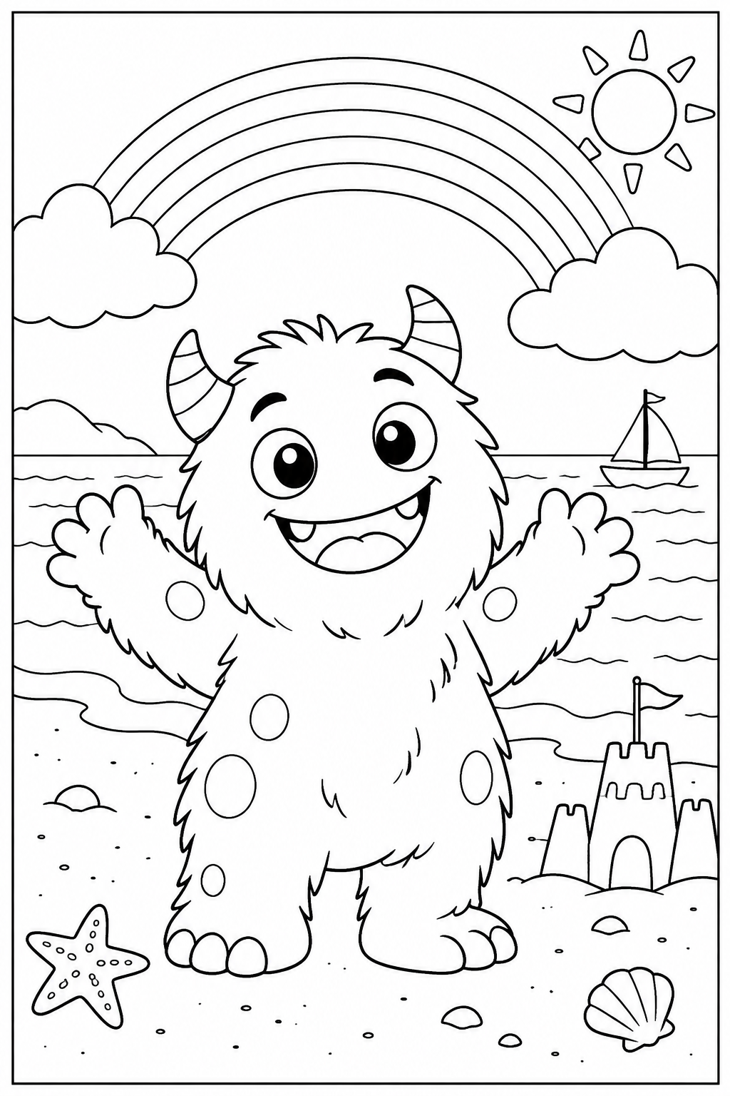 Monster under a rainbow — More details — printable coloring page