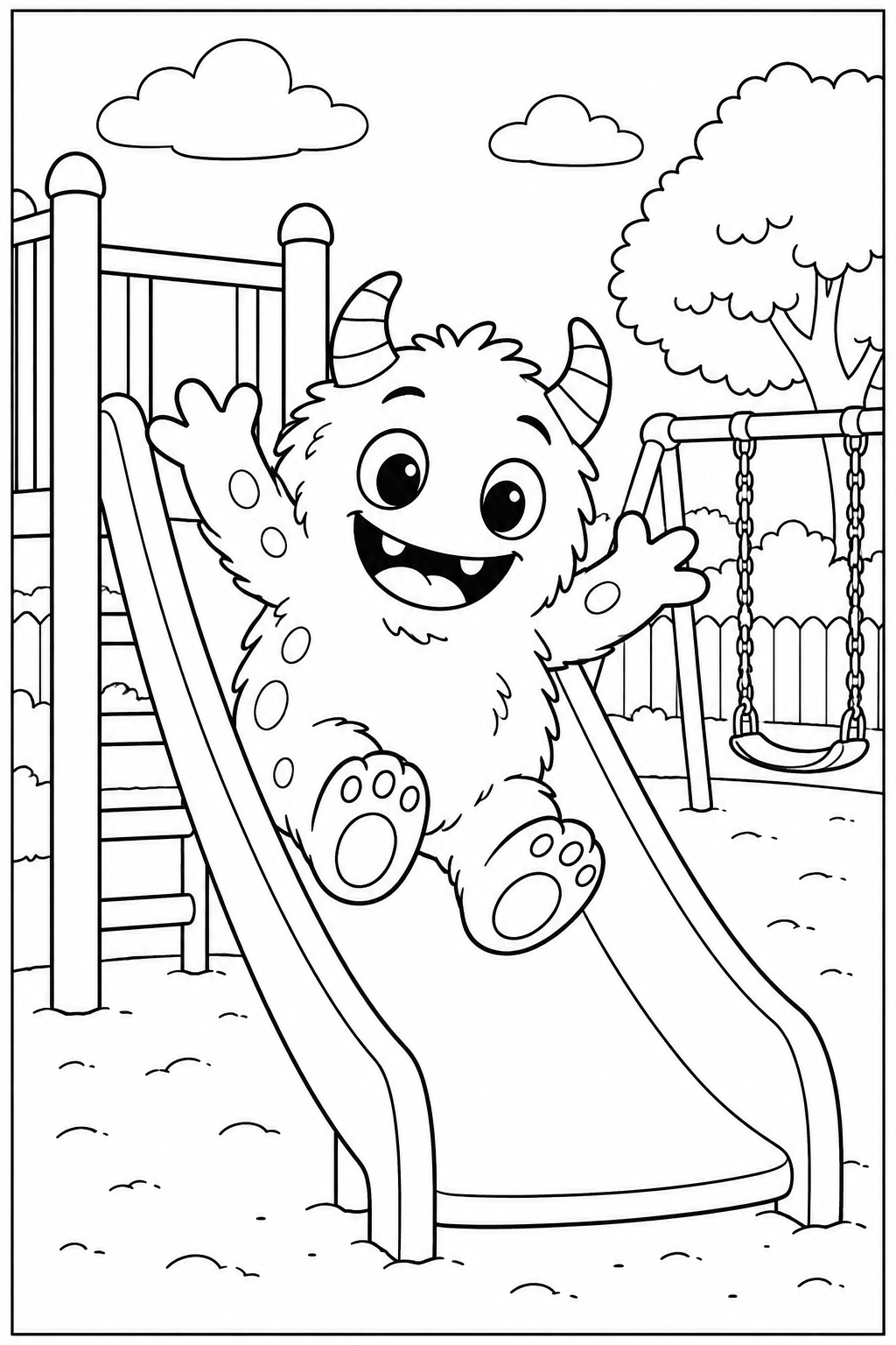 Monster at the playground — More details — printable coloring page