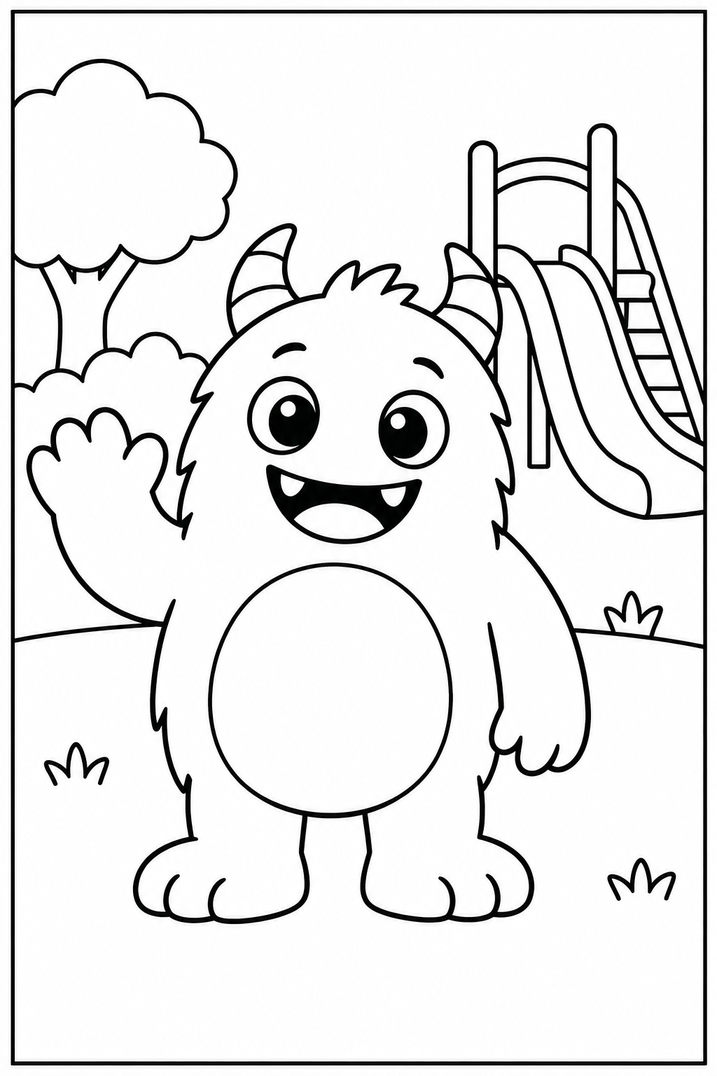 Monster at the playground — Large shapes — printable coloring page
