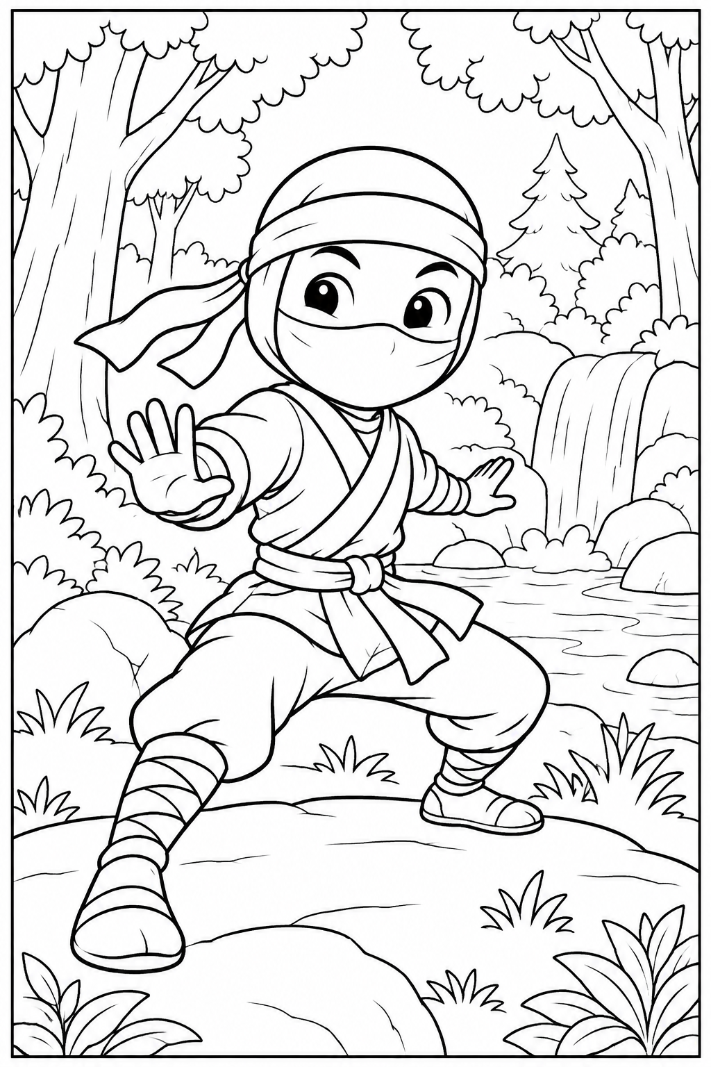 Ninja in the forest — More details — printable coloring page