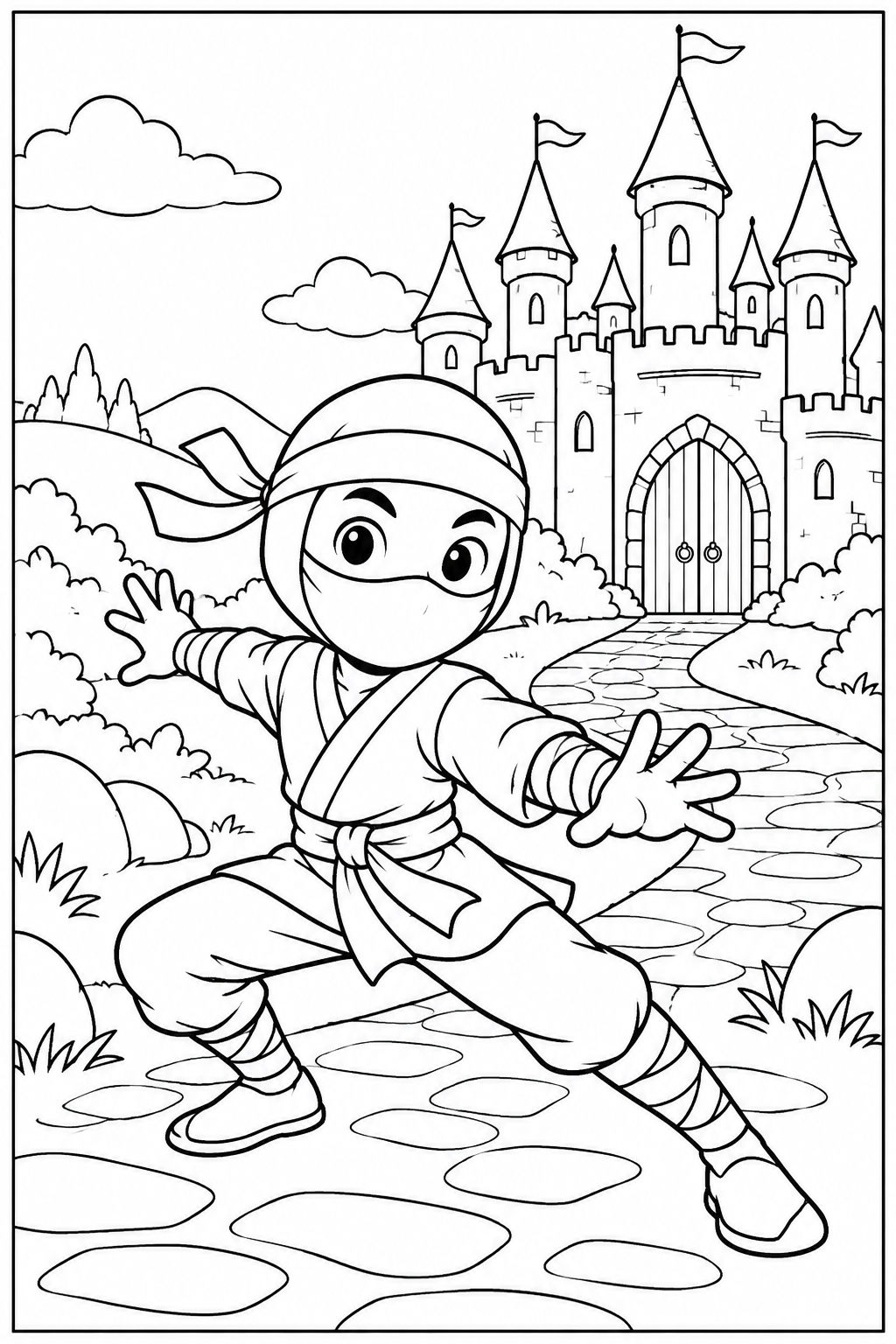 Ninja by a castle — More details — printable coloring page