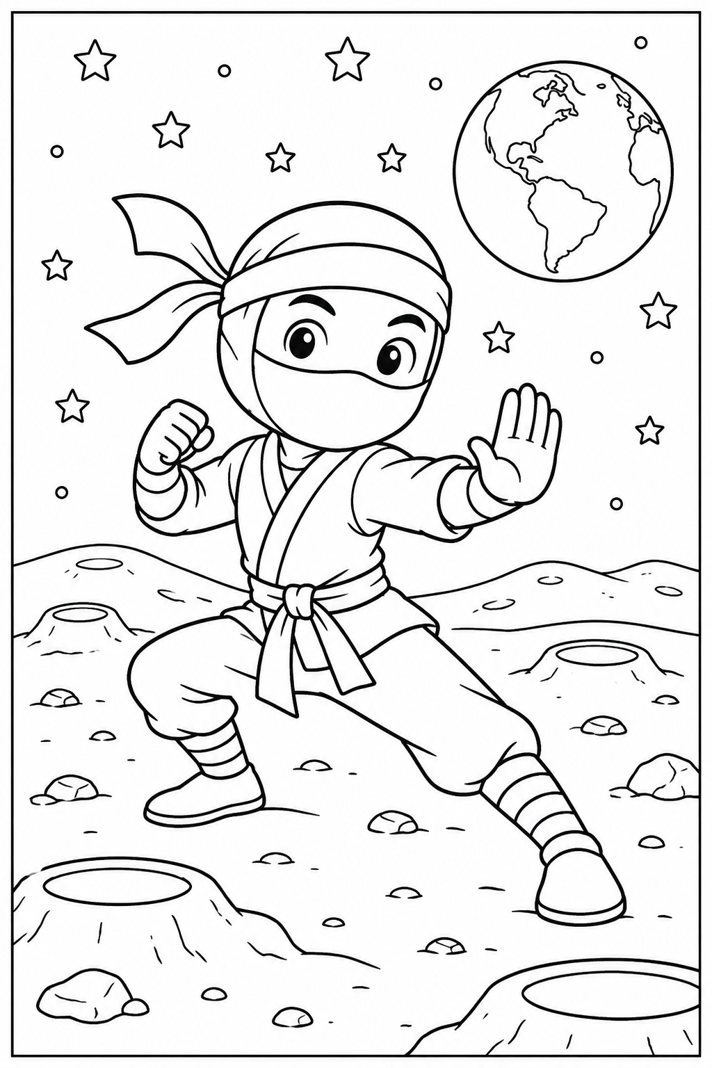 Ninja on the moon — More details — printable coloring page