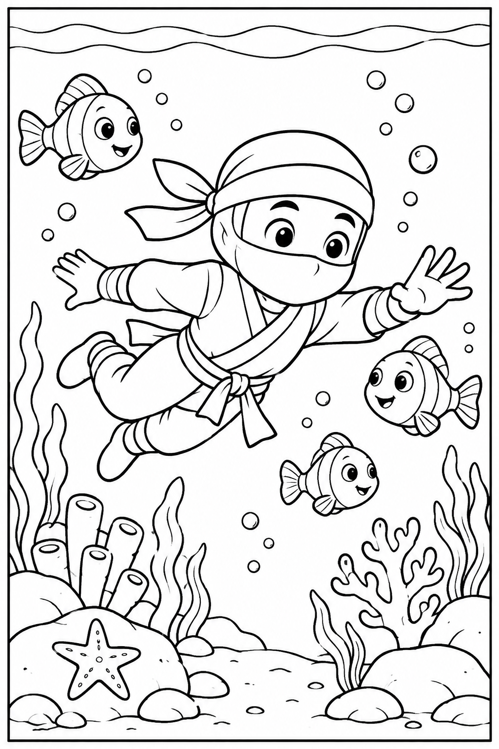 Ninja under the sea — More details — printable coloring page