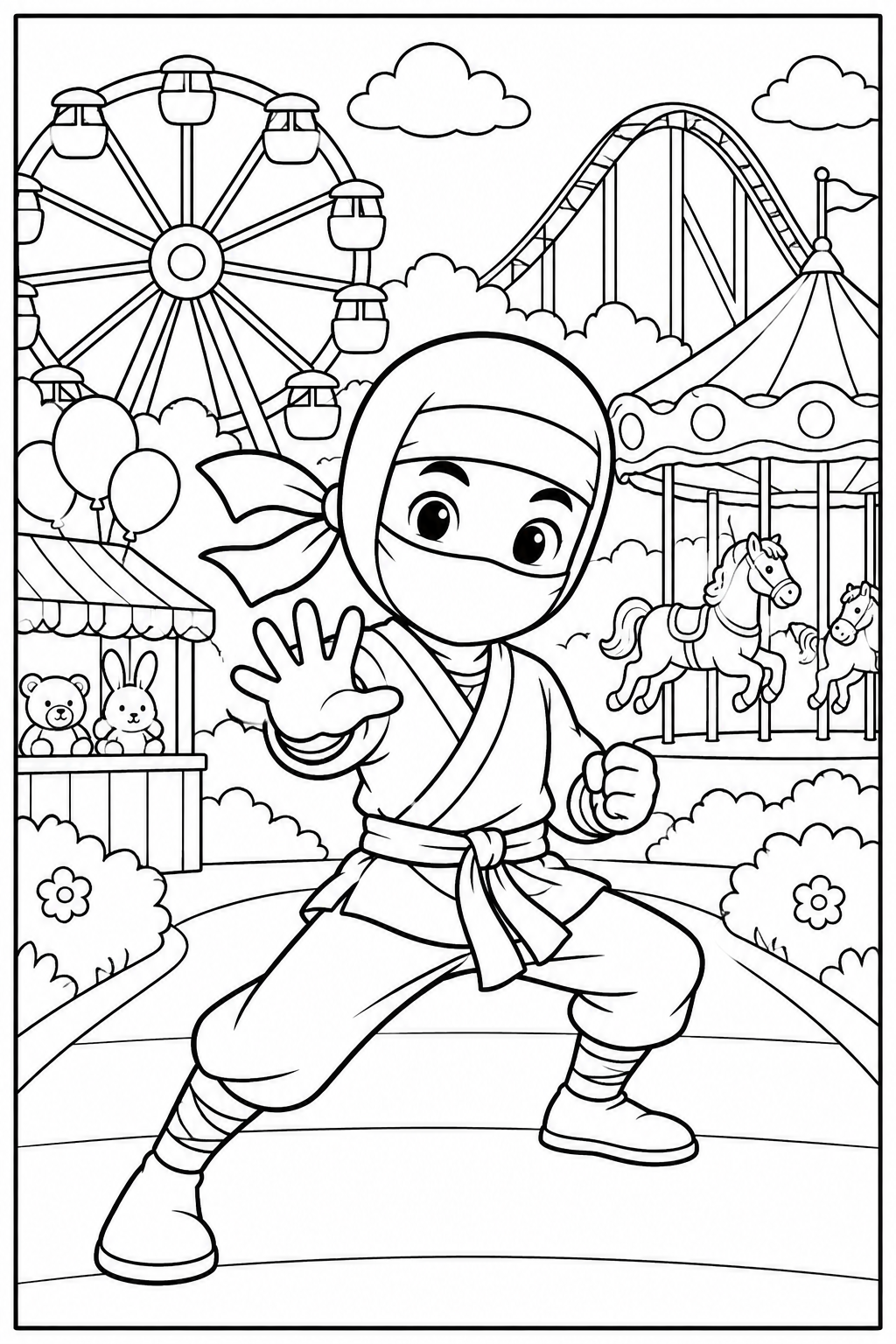 Ninja at the amusement park — More details — printable coloring page