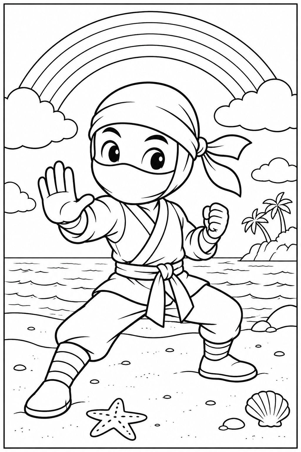Ninja under a rainbow — More details — printable coloring page